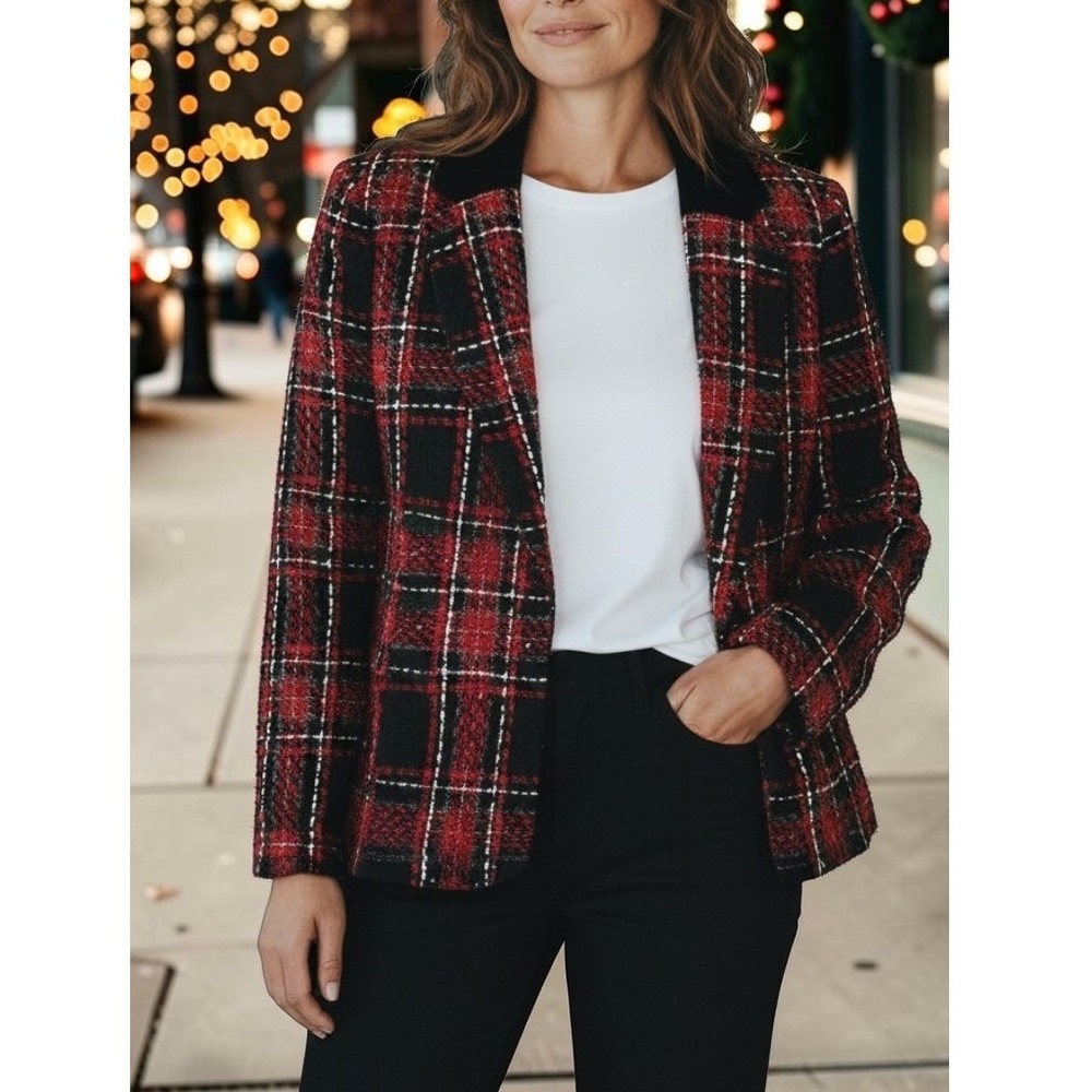 Kasper Womens 8P New Plaid Tweed Velvet Collar Blazer Holiday Christmas Jacket